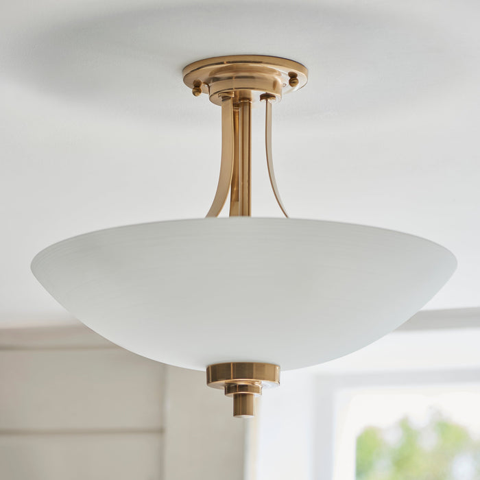 Semi Flush Ceiling Light - Brushed aged brass plate & white glass - 3 x 10W LED E27