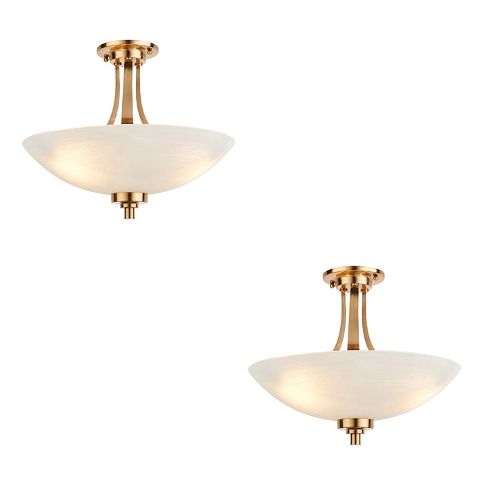 2 PACK Semi Flush Ceiling Light - Brushed aged brass plate & white glass - 3 x 10W LED E27