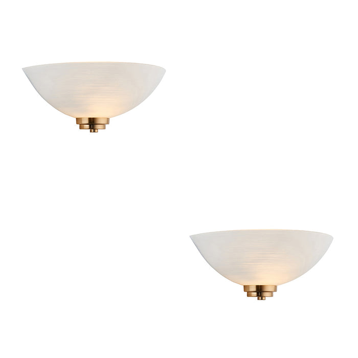 2 PACK Dimmable Wall Light - Brushed aged brass plate & white glass - Classic Bowl Shade