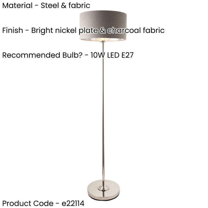 1500mm Tall Floor Lamp - Bright nickel plate & charcoal fabric - 10W LED E27