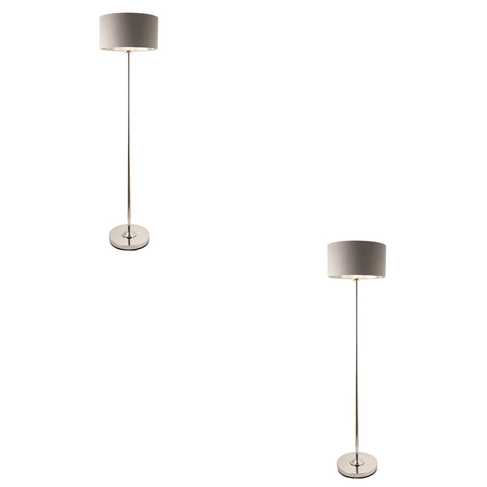 2 PACK 1500mm Tall Floor Lamp - Bright nickel plate & charcoal fabric - 10W LED E27
