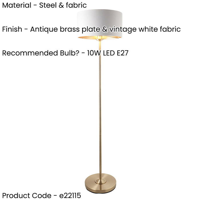2 PACK 1500mm Tall Floor Lamp - Antique brass plate & vintage white fabric - 10W LED E27