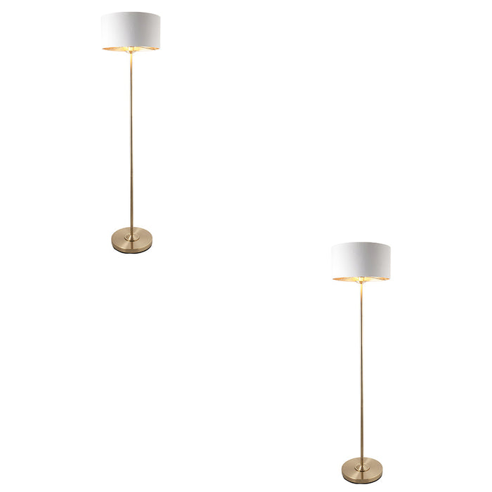 2 PACK 1500mm Tall Floor Lamp - Antique brass plate & vintage white fabric - 10W LED E27