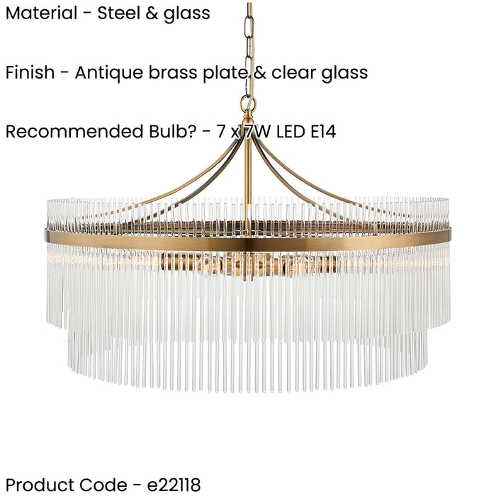 Hanging Ceiling Pendant Light - Antique brass plate & clear glass - 7 x 7W LED E14