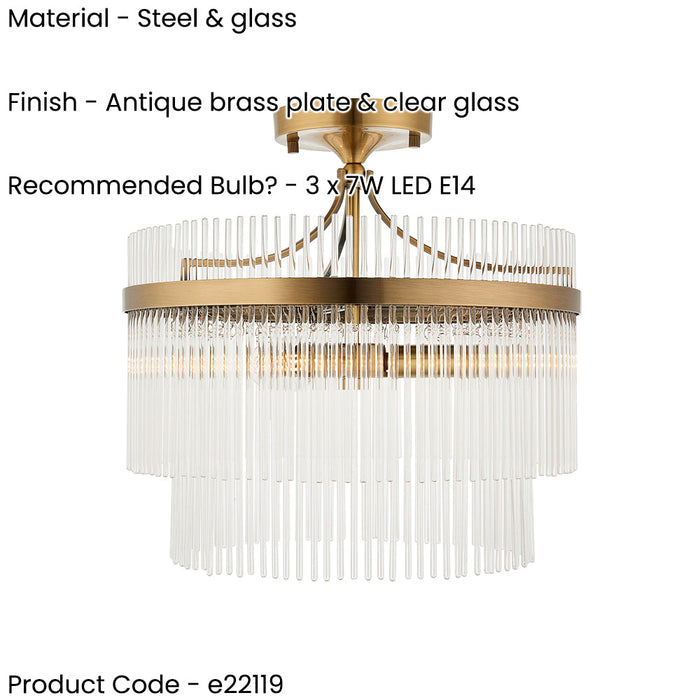 Semi Flush Ceiling Light - Brushed aged brass plate & white glass
