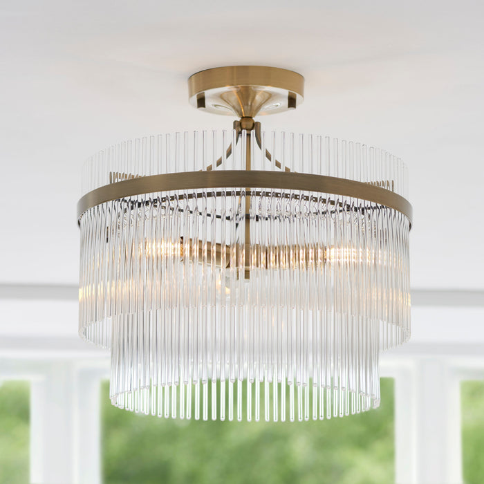 Semi Flush Ceiling Light - Brushed aged brass plate & white glass