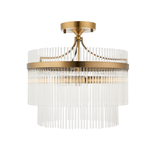 Semi Flush Ceiling Light - Brushed aged brass plate & white glass