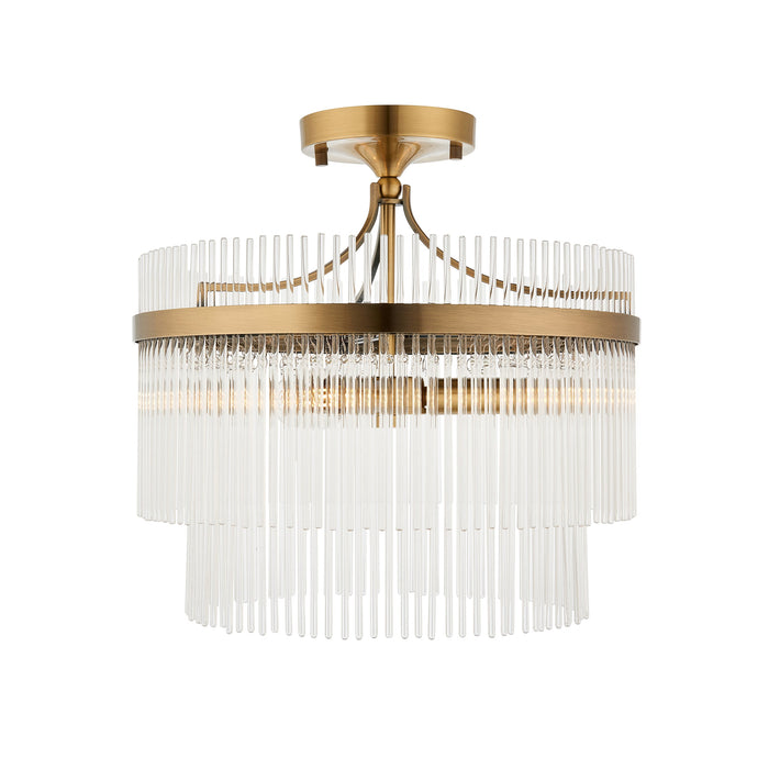 Semi Flush Ceiling Light - Brushed aged brass plate & white glass