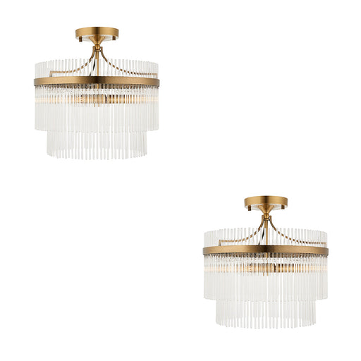 2 PACK Semi Flush Ceiling Light - Brushed aged brass plate & white glass