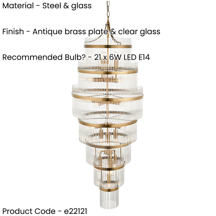Hanging Ceiling Pendant Light - Antique brass plate & clear glass - 21 x 6W LED E14