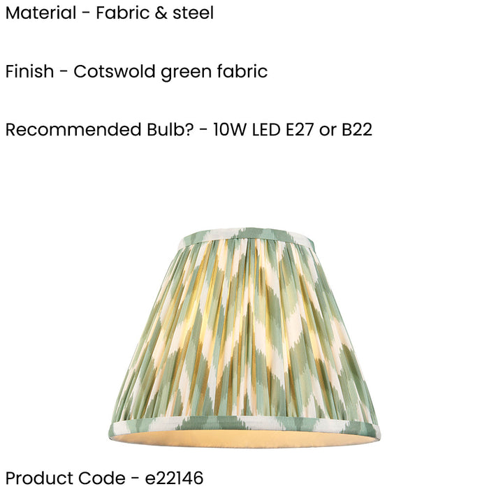 25cm Tapered cylinder Lamp Shade - Cotswold green fabric - Pleated Zigzag Handcrafted Light