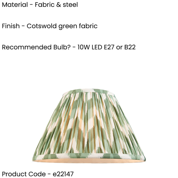 30cm Tapered cylinder Lamp Shade - Cotswold green fabric - Pleated Zigzag Handcrafted Light