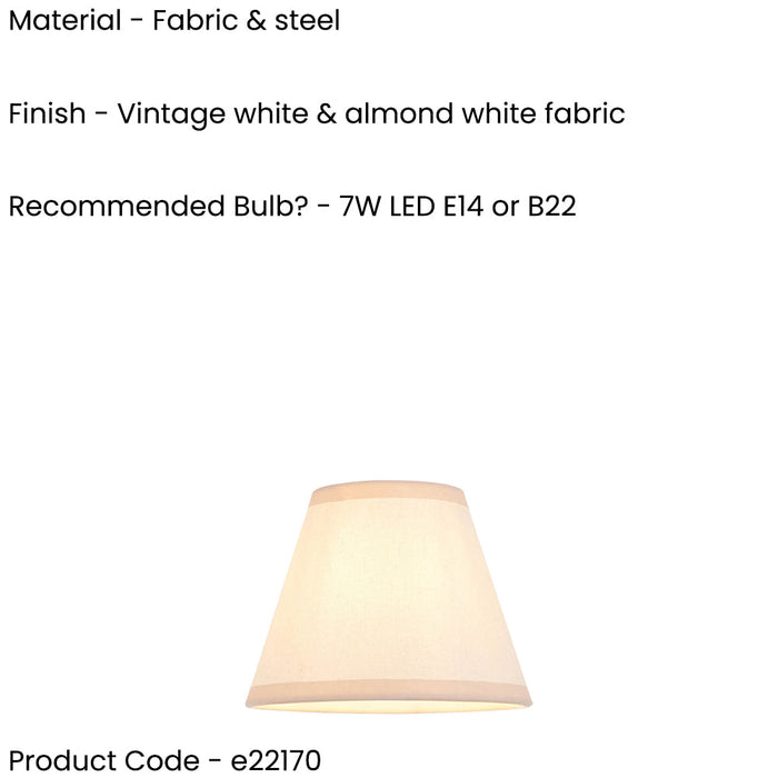 16cm Tapered cylinder Lamp Shade - Vintage white & almond white fabric Light