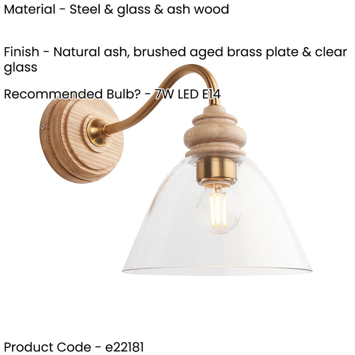 2 PACK Dimmable Wall Light - Natural ash, brushed aged brass plate & clear glass - Modern Sconce - 7W E14 LED