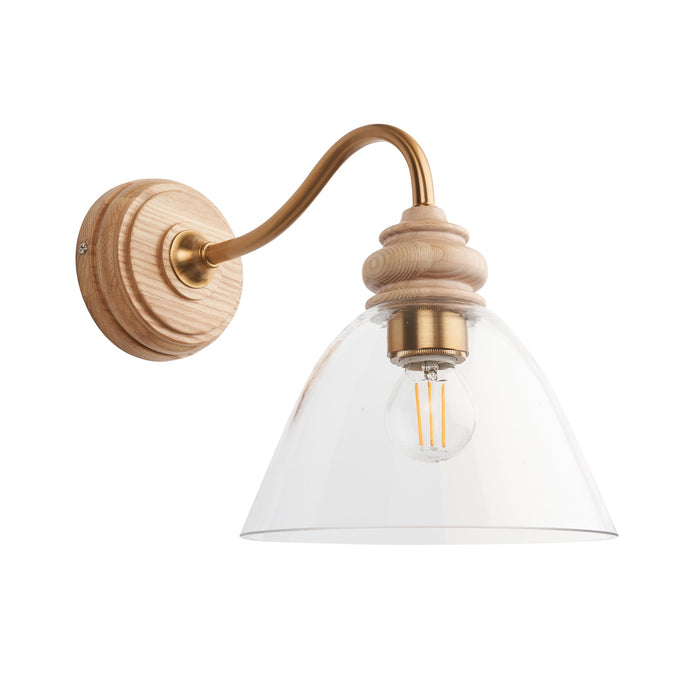 Dimmable Wall Light - Natural ash, brushed aged brass plate & clear glass - Modern Sconce - 7W E14 LED
