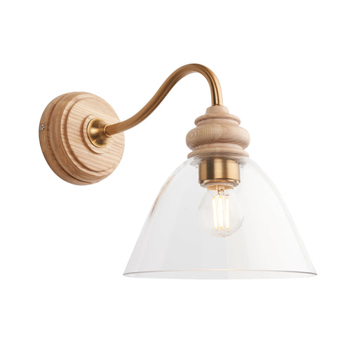 Dimmable Wall Light - Natural ash, brushed aged brass plate & clear glass - Modern Sconce - 7W E14 LED