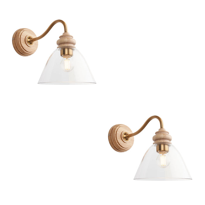 2 PACK Dimmable Wall Light - Natural ash, brushed aged brass plate & clear glass - Modern Sconce - 7W E14 LED