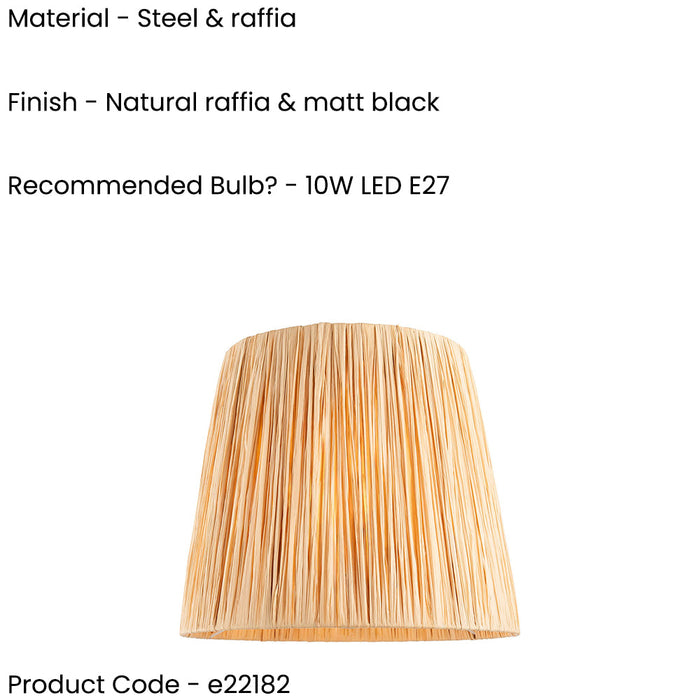 2 PACK 30cm Tapered cylinder Lamp Shade - Natural raffia & matt black - Pleated Handcrafted Light
