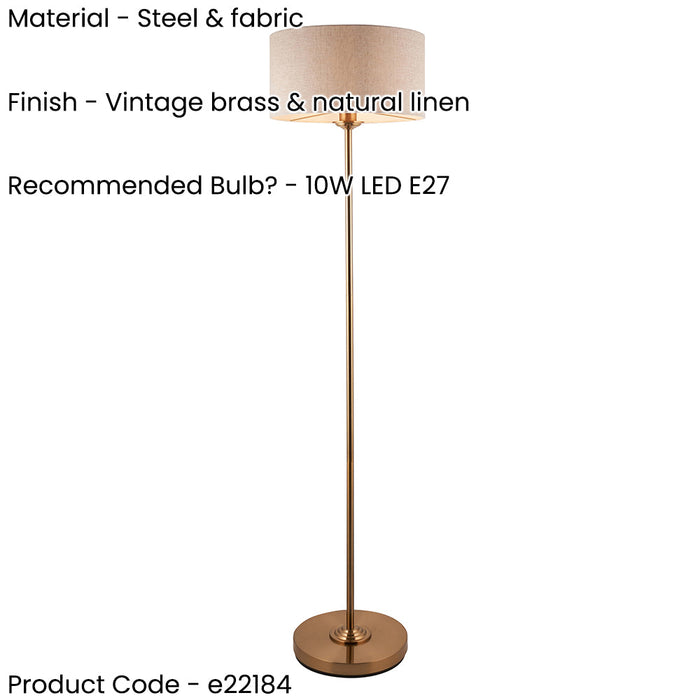 2 PACK 1500mm Tall Floor Lamp - Vintage brass & natural linen - 10W LED E27