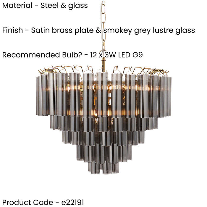 2 PACK Hanging Ceiling Pendant Light - Satin brass plate & smokey grey lustre glass - 12 x 3W LED G9