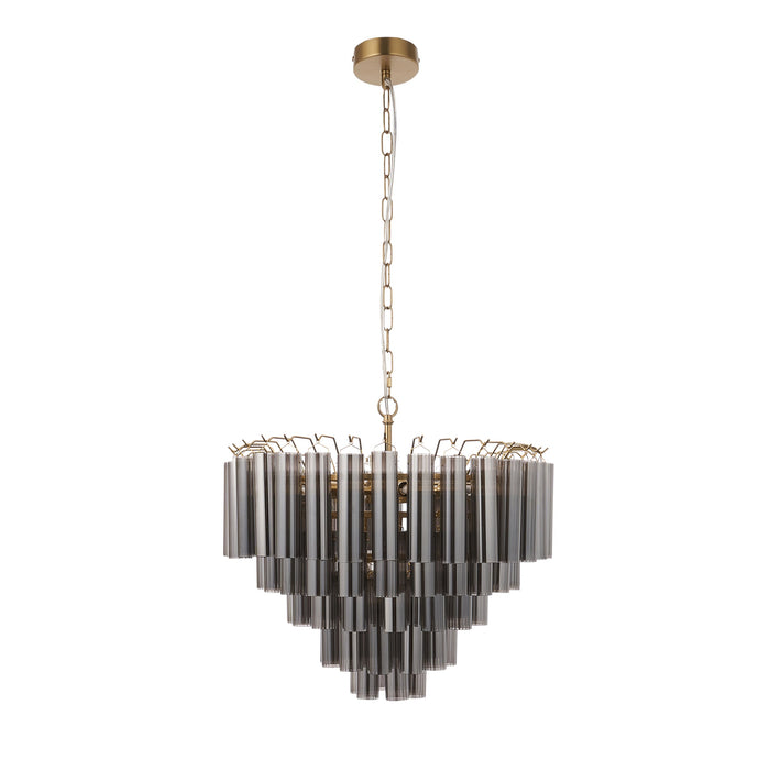 Hanging Ceiling Pendant Light - Satin brass plate & smokey grey lustre glass - 12 x 3W LED G9