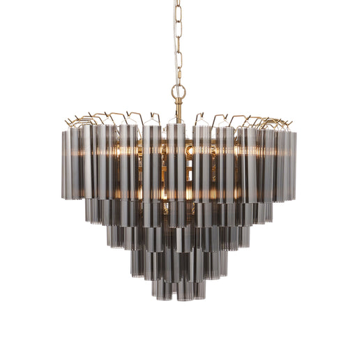 Hanging Ceiling Pendant Light - Satin brass plate & smokey grey lustre glass - 12 x 3W LED G9