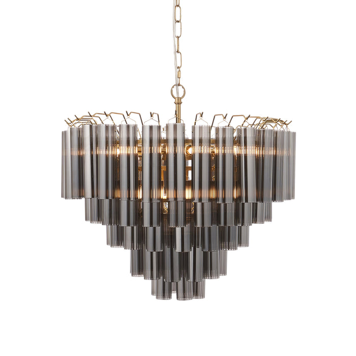 Hanging Ceiling Pendant Light - Satin brass plate & smokey grey lustre glass - 12 x 3W LED G9