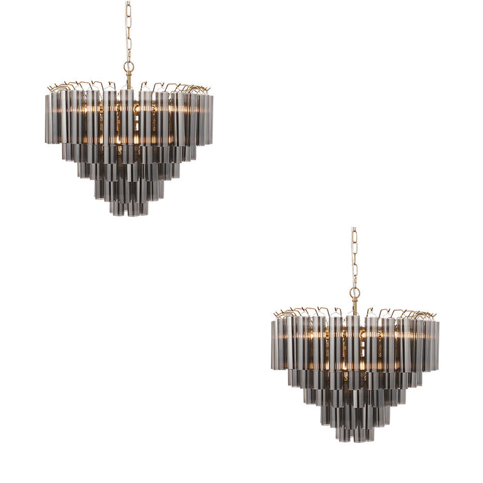 2 PACK Hanging Ceiling Pendant Light - Satin brass plate & smokey grey lustre glass - 12 x 3W LED G9