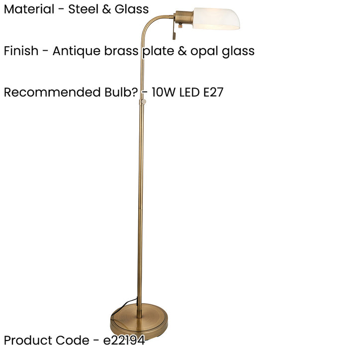 1400mm Tall Floor Lamp - Antique brass plate & opal glass - 10W LED E27