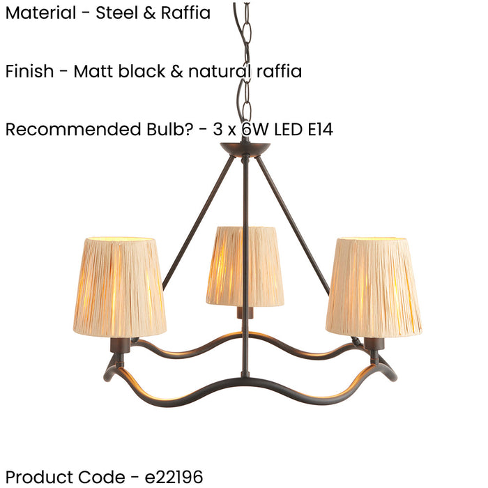 2 PACK Hanging Ceiling Pendant Light - Matt black & natural raffia - 3 x 6W LED E14