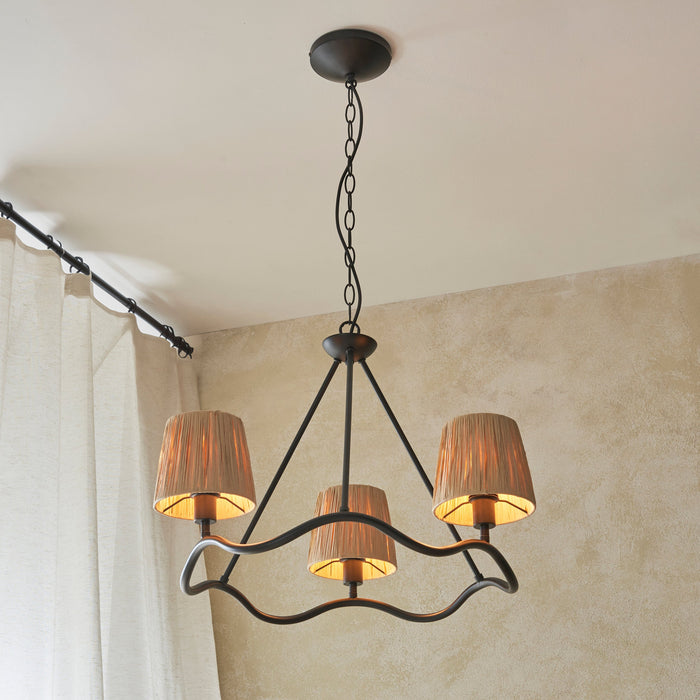2 PACK Hanging Ceiling Pendant Light - Matt black & natural raffia - 3 x 6W LED E14