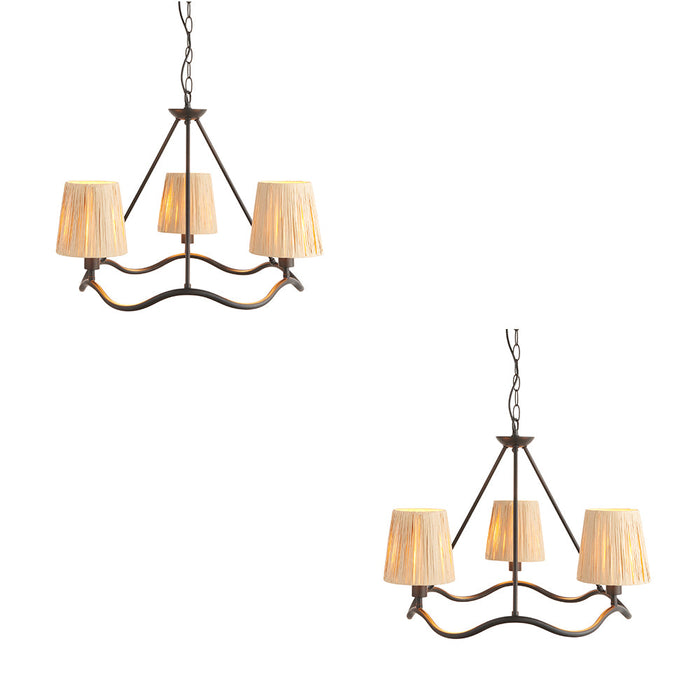 2 PACK Hanging Ceiling Pendant Light - Matt black & natural raffia - 3 x 6W LED E14