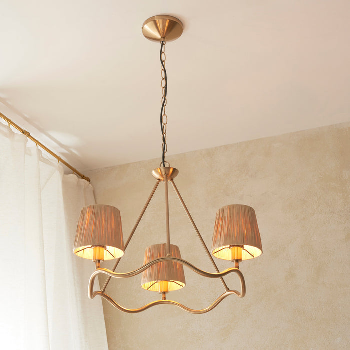 Hanging Ceiling Pendant Light - Brushed aged brass plate & natural raffia - 3 x 6W LED E14