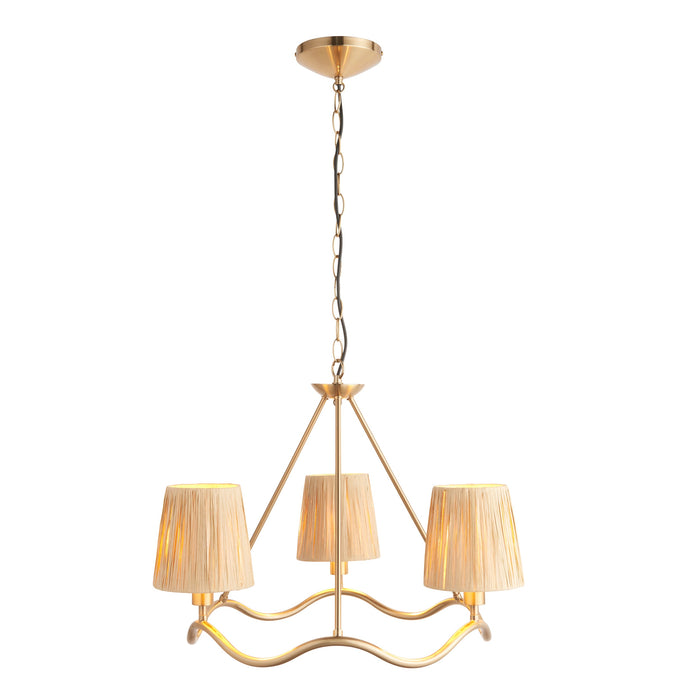Hanging Ceiling Pendant Light - Brushed aged brass plate & natural raffia - 3 x 6W LED E14