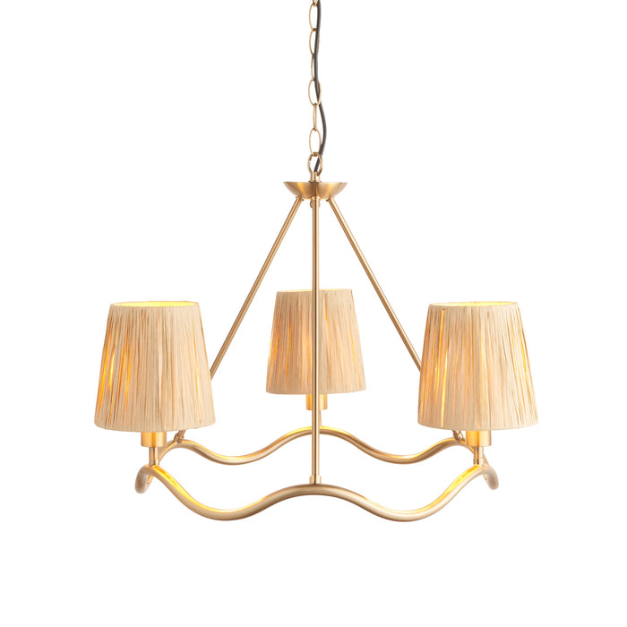 Hanging Ceiling Pendant Light - Brushed aged brass plate & natural raffia - 3 x 6W LED E14