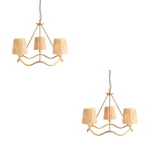 2 PACK Hanging Ceiling Pendant Light - Brushed aged brass plate & natural raffia - 3 x 6W LED E14