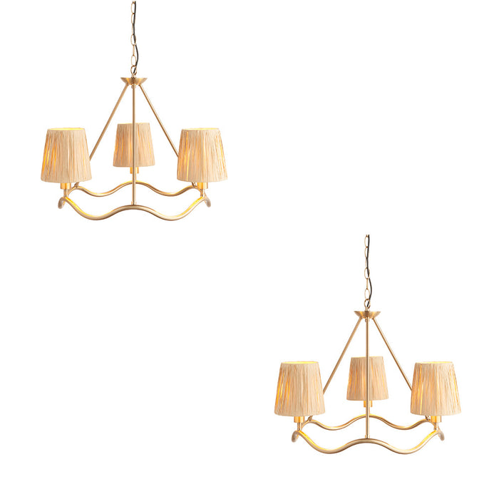 2 PACK Hanging Ceiling Pendant Light - Brushed aged brass plate & natural raffia - 3 x 6W LED E14