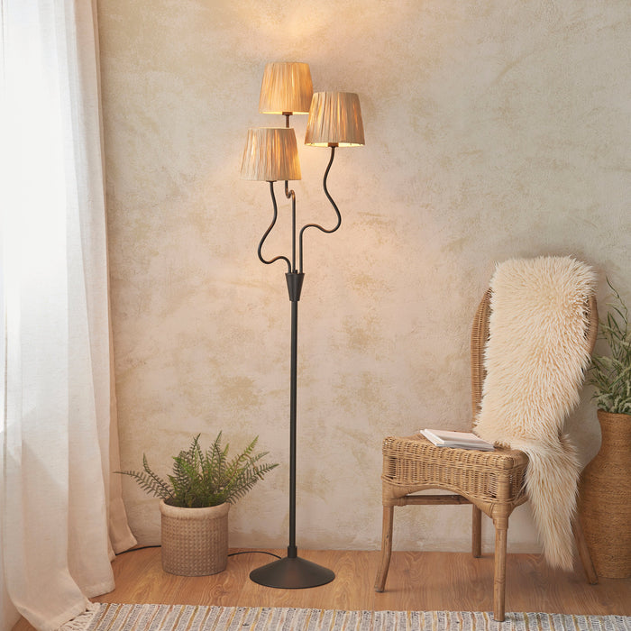 2 PACK 1560mm Tall Floor Lamp - Matt black & natural raffia - 3 x 7W LED E14