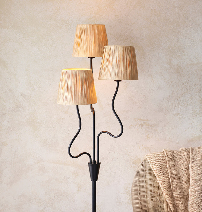 1560mm Tall Floor Lamp - Matt black & natural raffia - 3 x 7W LED E14