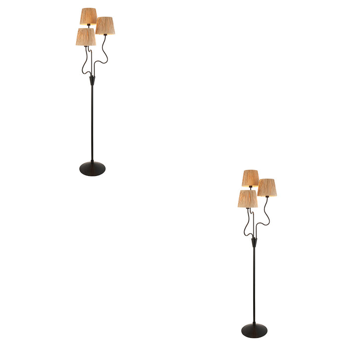 2 PACK 1560mm Tall Floor Lamp - Matt black & natural raffia - 3 x 7W LED E14