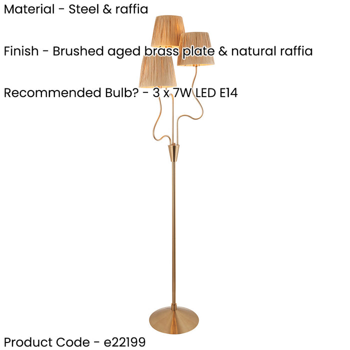 1560mm Tall Floor Lamp - Brushed aged brass plate & natural raffia - 3 x 7W LED E14