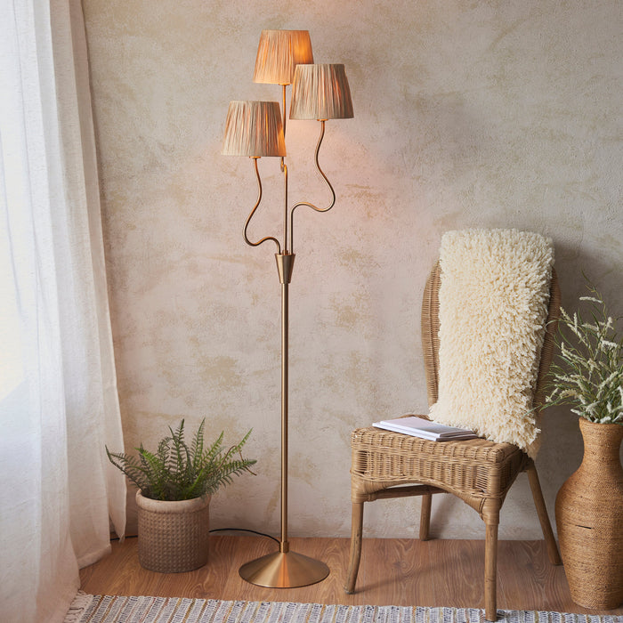 2 PACK 1560mm Tall Floor Lamp - Brushed aged brass plate & natural raffia - 3 x 7W LED E14