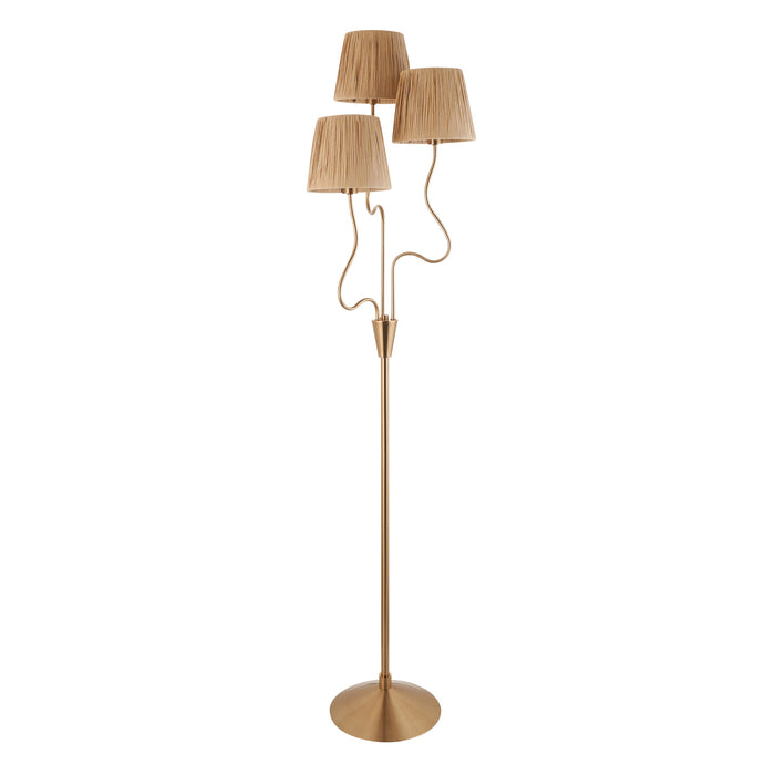 2 PACK 1560mm Tall Floor Lamp - Brushed aged brass plate & natural raffia - 3 x 7W LED E14