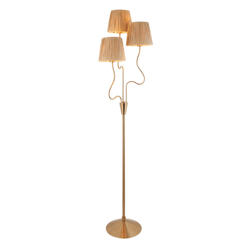 1560mm Tall Floor Lamp - Brushed aged brass plate & natural raffia - 3 x 7W LED E14