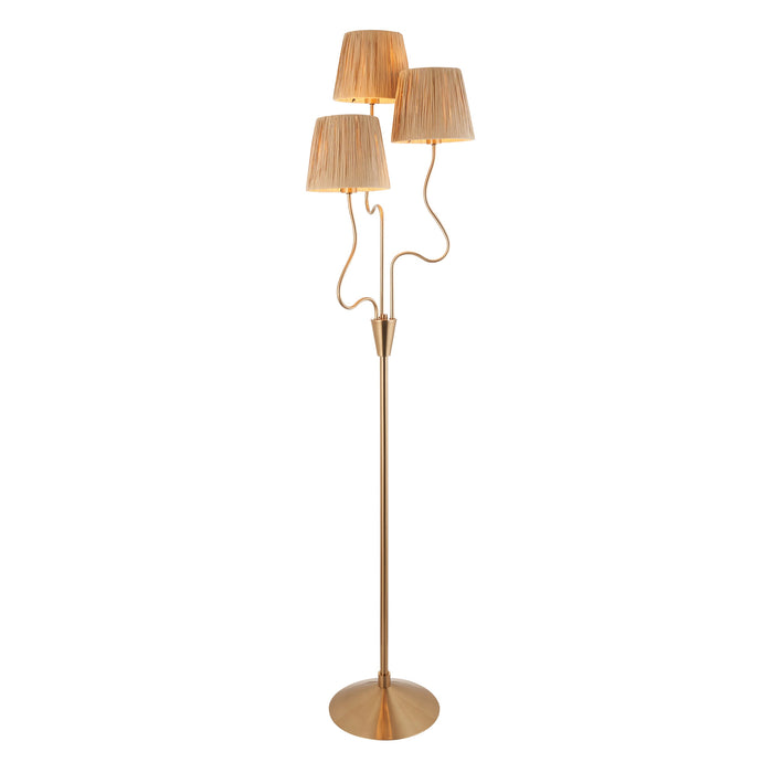 1560mm Tall Floor Lamp - Brushed aged brass plate & natural raffia - 3 x 7W LED E14