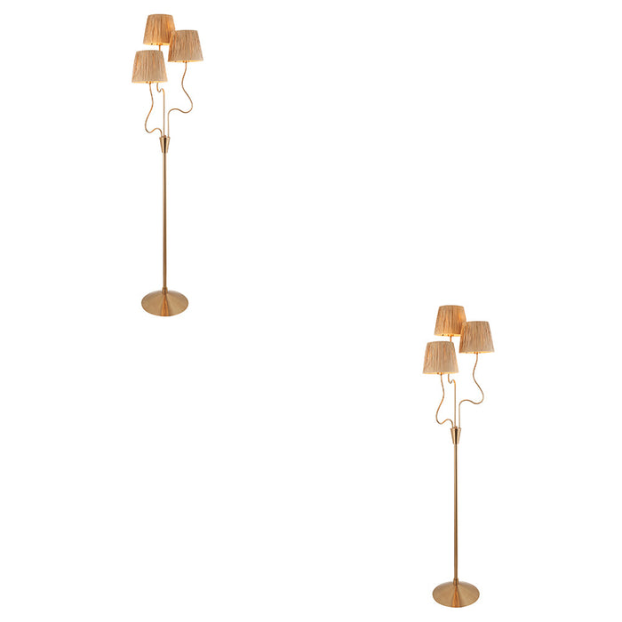 2 PACK 1560mm Tall Floor Lamp - Brushed aged brass plate & natural raffia - 3 x 7W LED E14