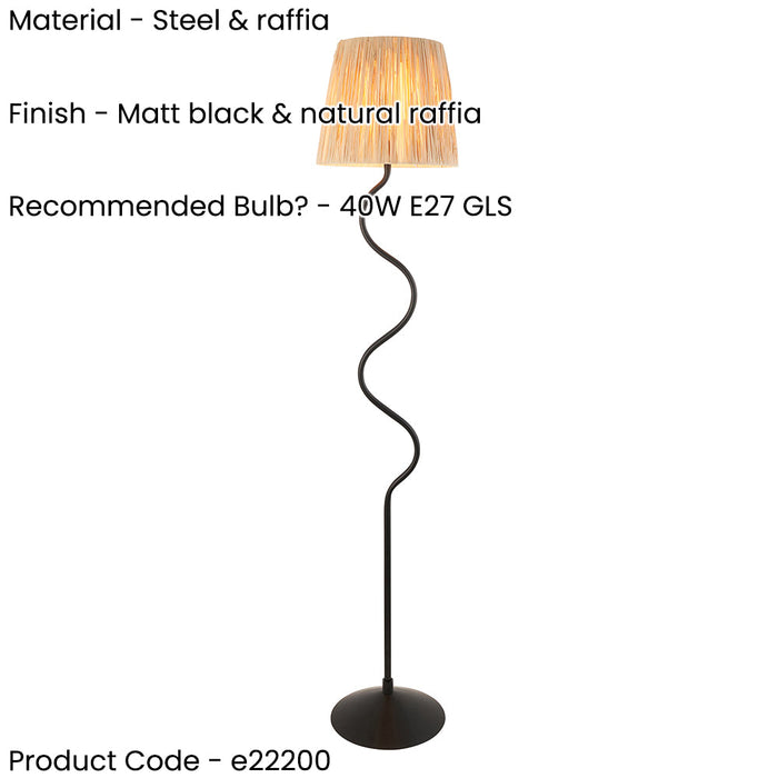 2 PACK 1500mm Tall Floor Lamp - Matt black & natural raffia - 40W E27 GLS