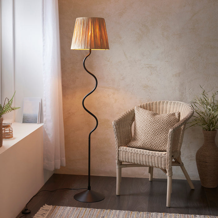 1500mm Tall Floor Lamp - Matt black & natural raffia - 40W E27 GLS