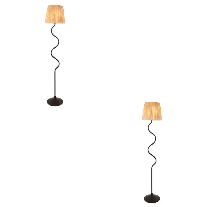 2 PACK 1500mm Tall Floor Lamp - Matt black & natural raffia - 40W E27 GLS