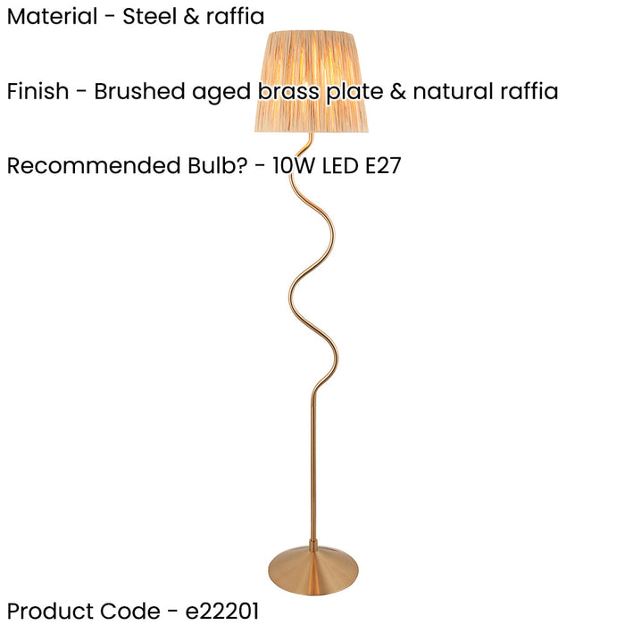 2 PACK 1500mm Tall Floor Lamp - Brushed aged brass plate & natural raffia - 10W LED E27